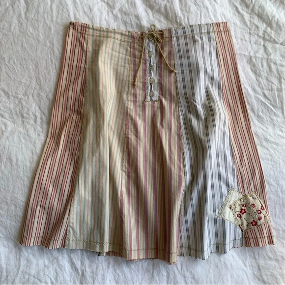 Magnolia Pearl Dresses & Skirts - Vintage Riley Stripe Print Patch Drawstring Button Cotton Skirt Cottage 90s Y2K